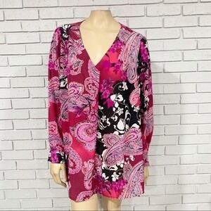 Chenault Womens Plus 1X Magenta Paisley Floral V-Neck Tunic Blouse Long Sleeve